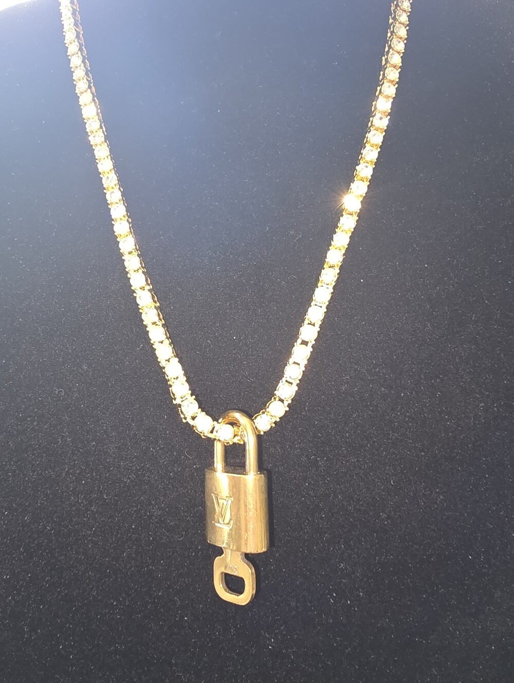 Louis Vuitton Gold Padlock Pendant on Crystal Pavé tennis Chain - Picture 2 of 9